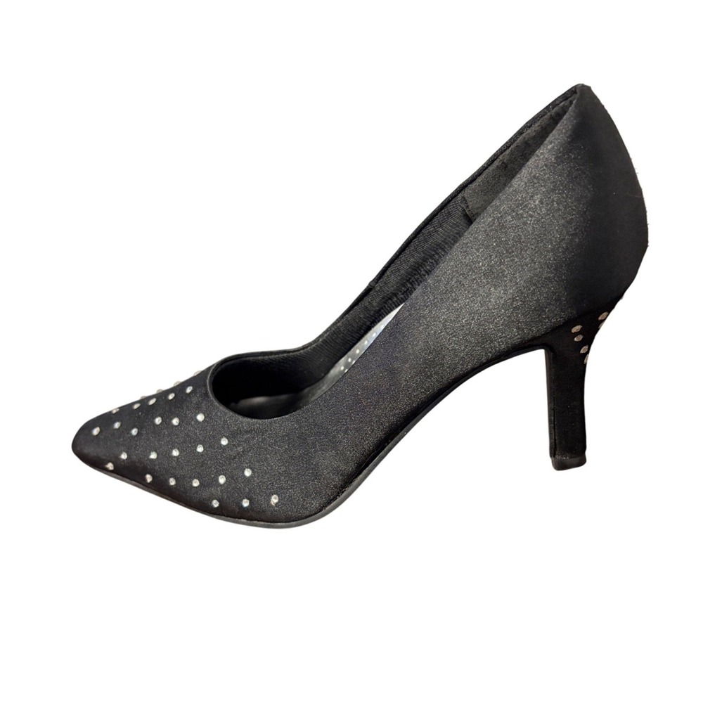 Bouquets Black Satin Rhinestone Studded Pointed Toe Kitten Heel Pumps Size 8M
